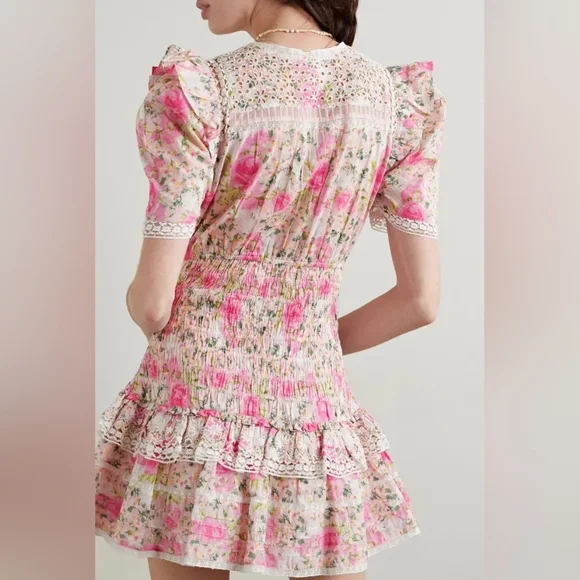 LoveShackFancy Rena Crochet-Trimmed Shirred Floral-Print Cotton-Voile Mini Dress - Picture 4 of 10